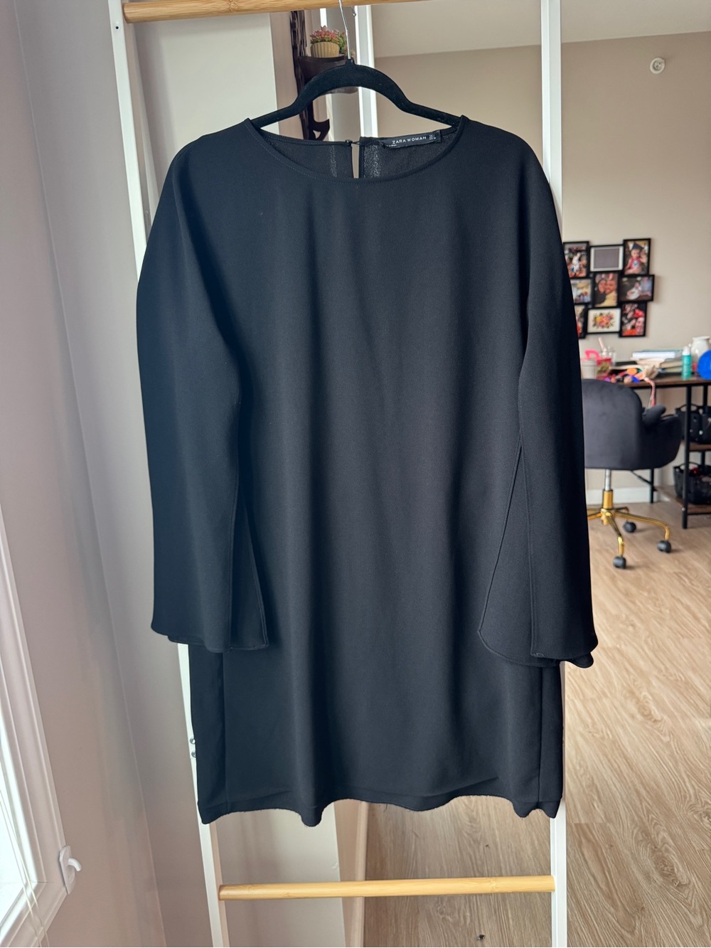 Zara Woman’s Black Midi Shift Dress Size L Formal Pleated Trumpet Sleeves